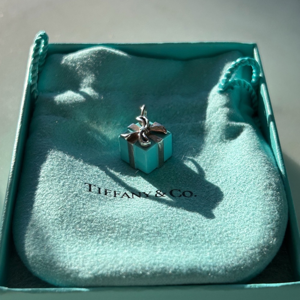 Authentic Tiffany & Co Sterling Silver and Turquoise Enamel Gift Box Charm